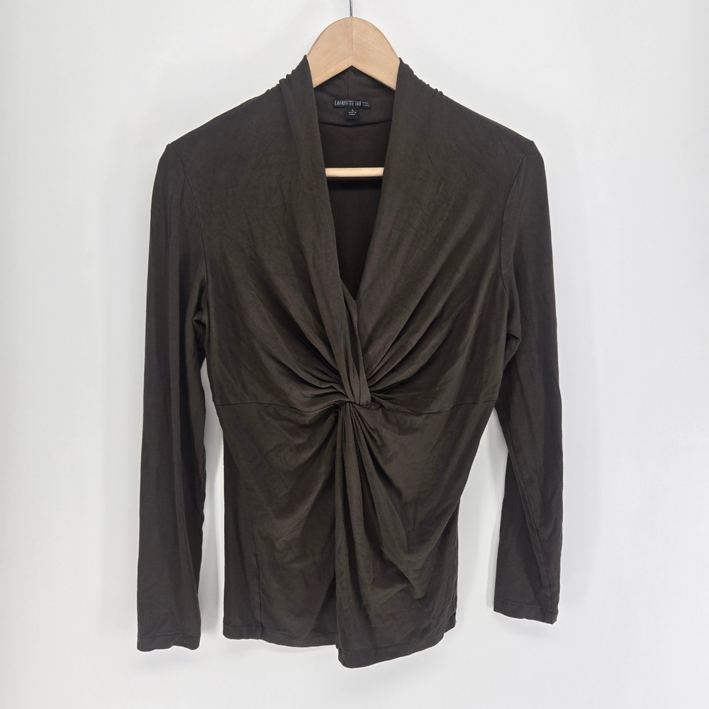 Lafayette 148 New York Top Womens L Brown Twist Front V-Neck Long Sleeve Jersey